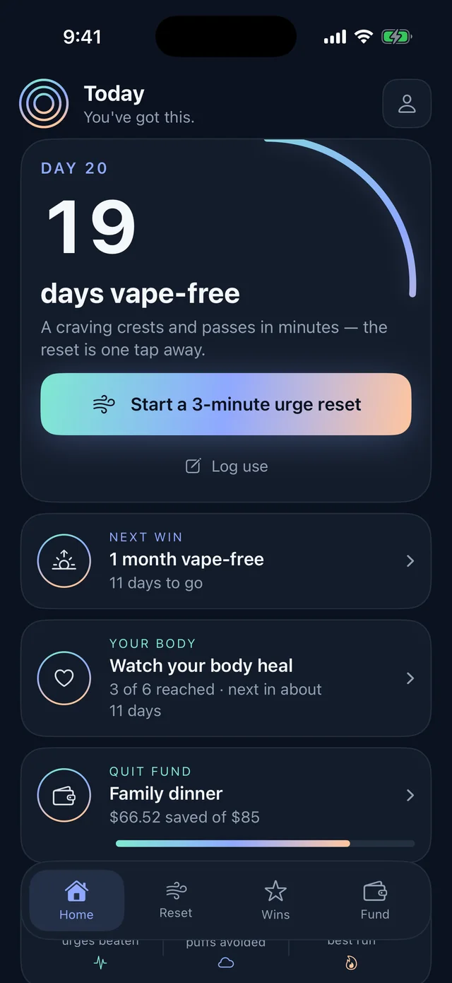 Halcyra home screen: Day 20, 19 days vape-free, a Start a 3-minute urge reset button, next win in 11 days, body healing progress and a Quit Fund at $66.52 of $85.