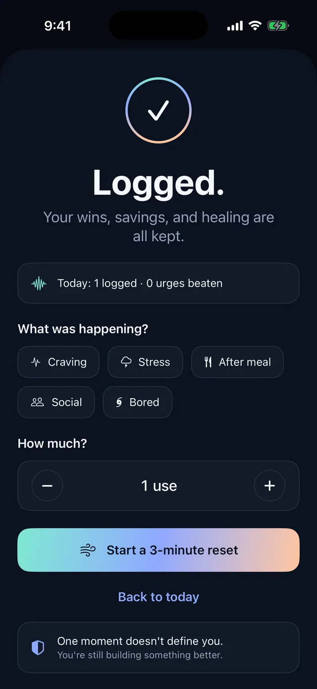 Halcyra slip screen: 'Logged. Your wins, savings, and healing are all kept', with what-was-happening tags and a Start a 3-minute reset button.