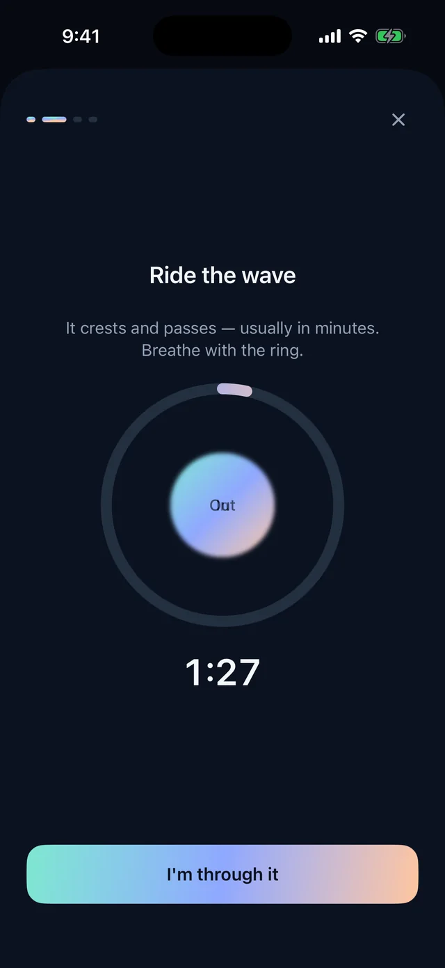 Halcyra urge reset: 'Ride the wave' breathing ring with a 1:27 countdown and an I'm through it button.
