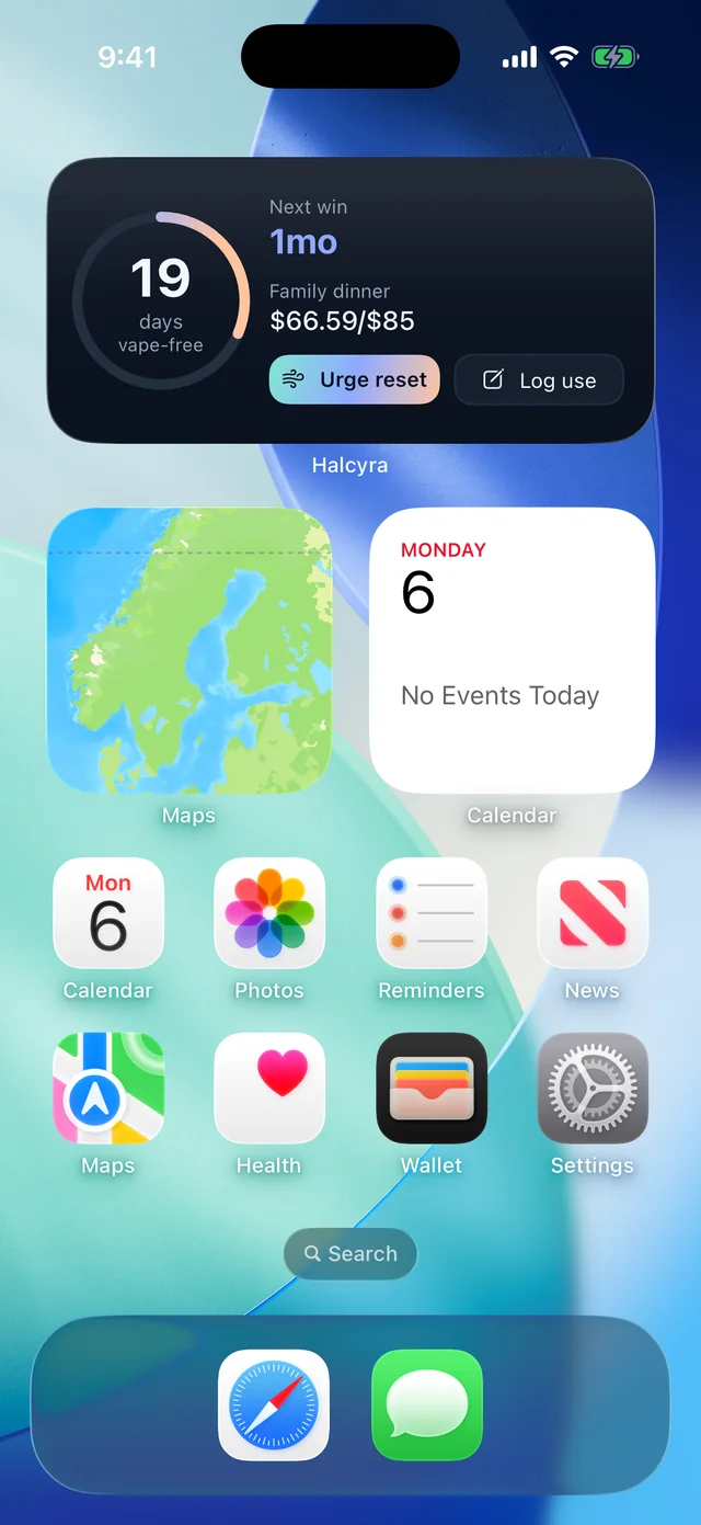 iPhone Home Screen with the Halcyra widget: 19 days vape-free ring, next win, Quit Fund progress, and Urge reset and Log use buttons.
